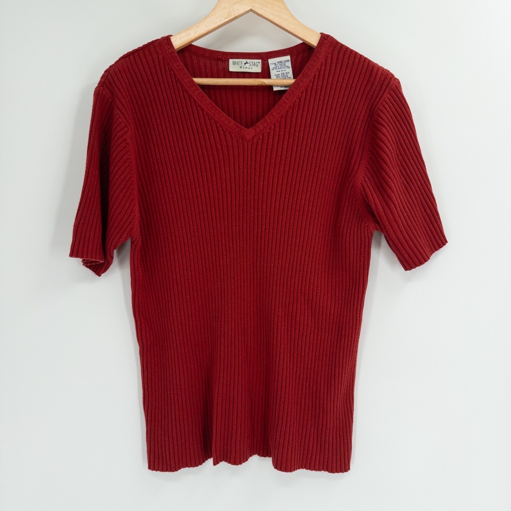 Vintage 90s Knit Top Women 18W/20W Red Ribbed Short Sleeve Butter Mom Teacher
